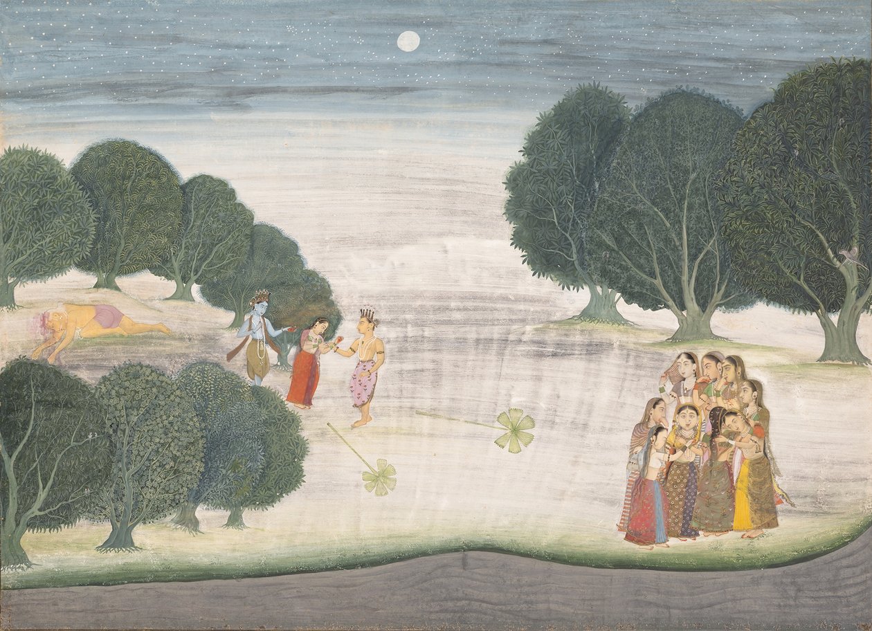 The Death of the Giant Shankachura: Sida från en Dispersed Bhagavata Purana...1680-90. av Unbekannt