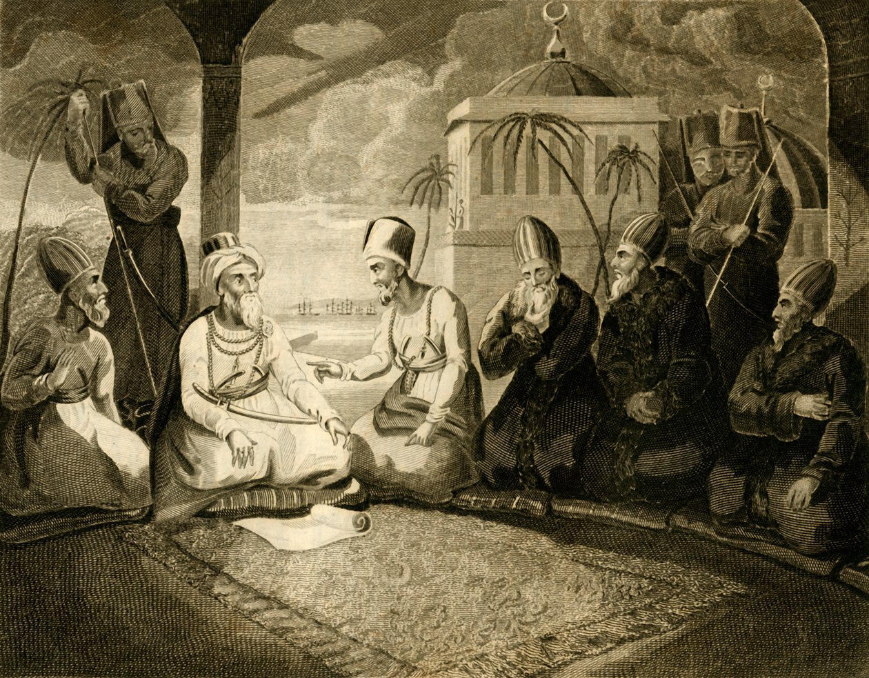 Dey of Algiers rådfrågade sitt råd om den engelska flottans ankomst, 1816. av Unbekannt
