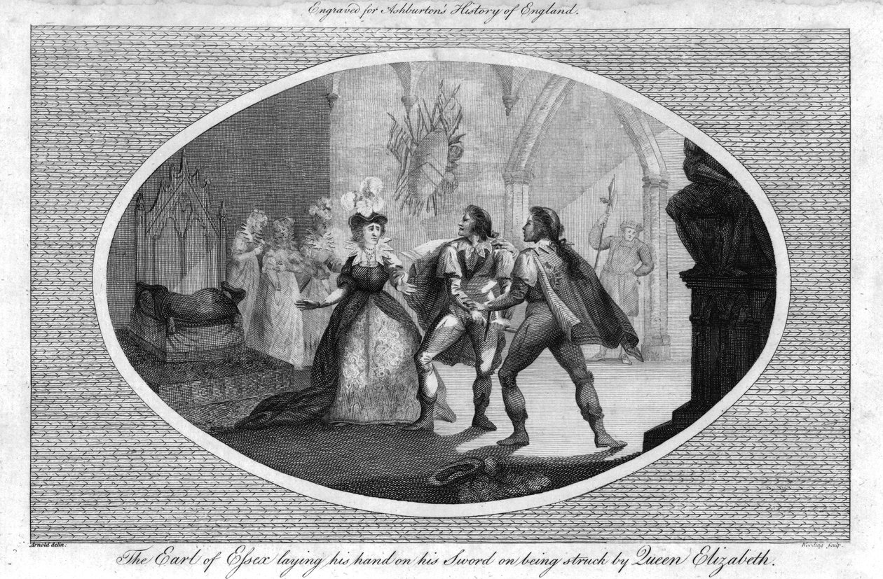 Earlen av Essex lägger sin hand på sitt svärd när han blev slagen av drottning Elizabeth., 1792 av Unbekannt