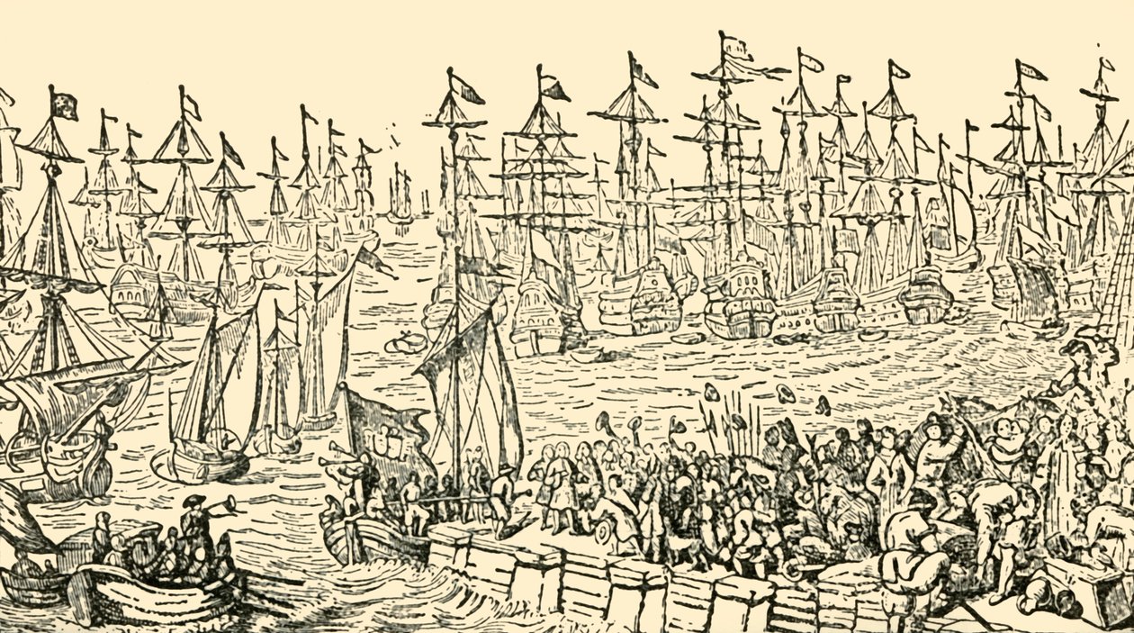 Ombordstigningen av William av Orange från Holland för England, 1688, c1930. av Unbekannt