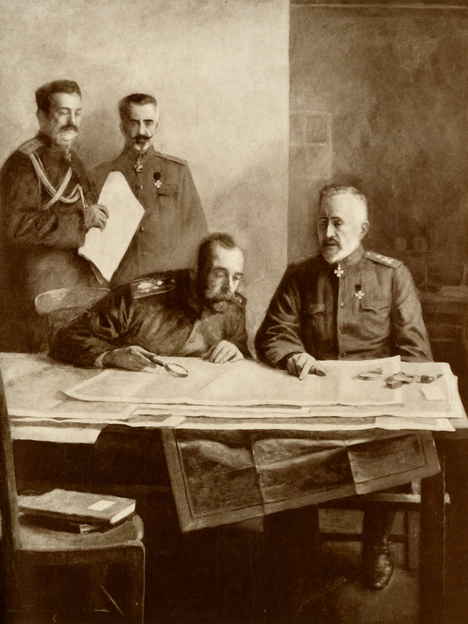 "Kejsaren av Ryssland med storhertigen Nikolaus vid fronten", 1916. av Unbekannt