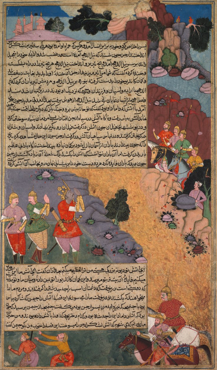 Den vita hästens första äventyr, sida från Khan Khanans Razm Nama..., ca. 1610-17. av Unbekannt