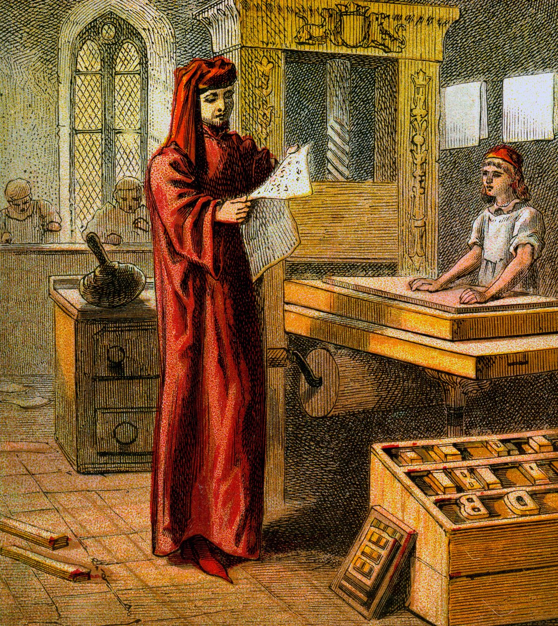 The First English Printer, 1400-talet, c1850 av Unbekannt