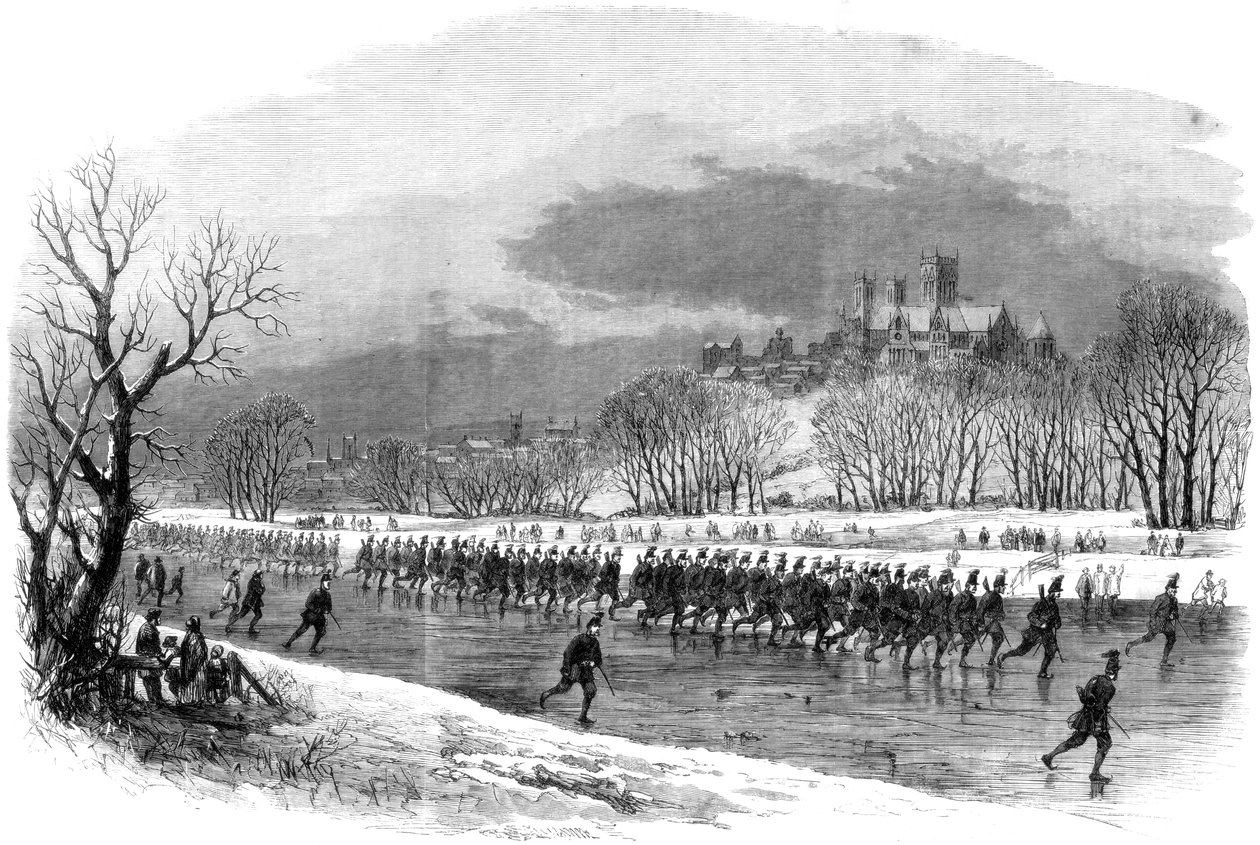 The First Lincolnshire Rifle Volunteers tar en marsch nerför floden Witham på skridskor, 1861 av Unbekannt