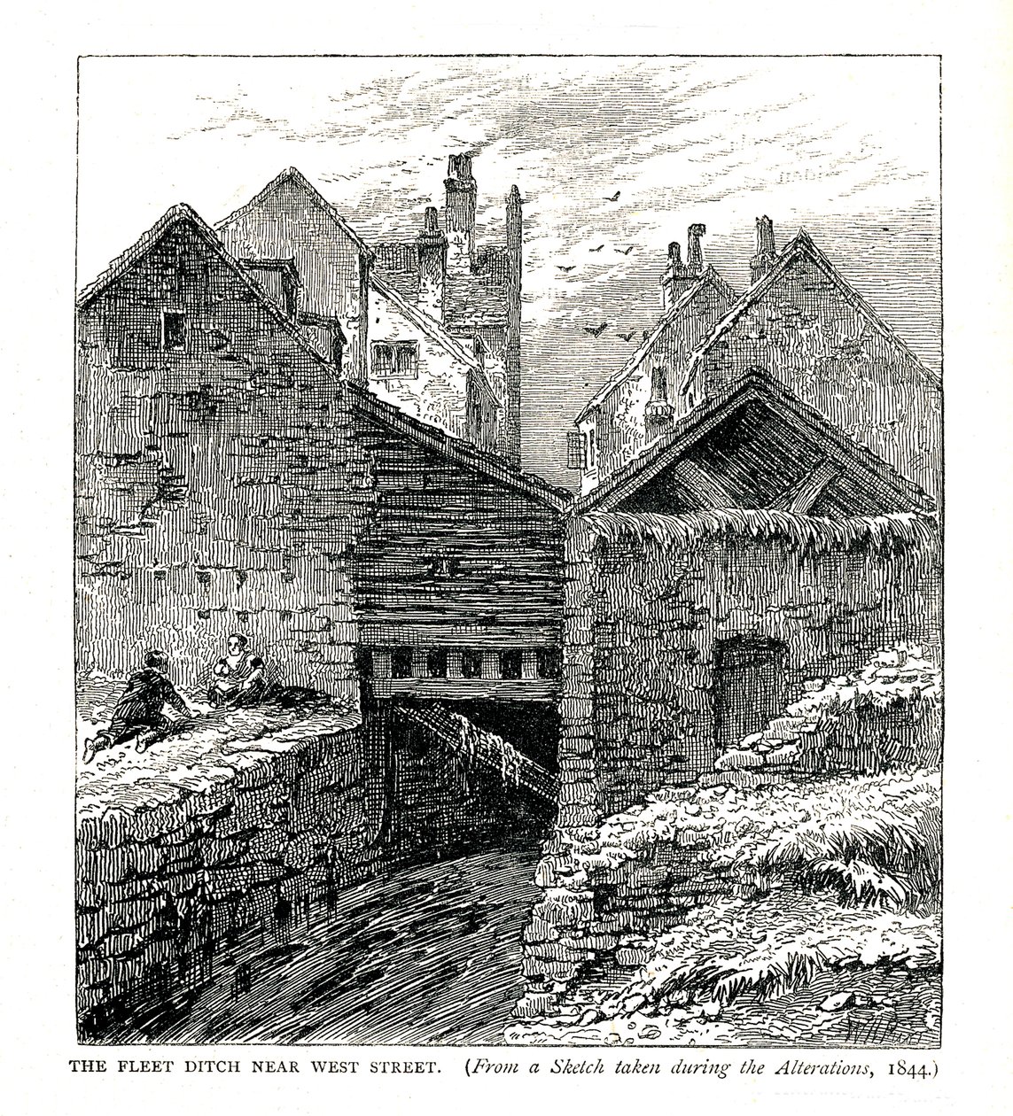 Fleet Ditch nära West Street, under förändringar, 1844 av Unbekannt