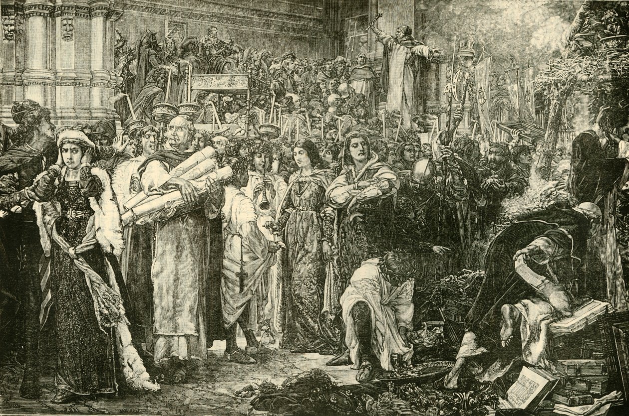 Florentinerna avsäger sig fåfängligheterna på order av Savonarola, 1890. av Unbekannt