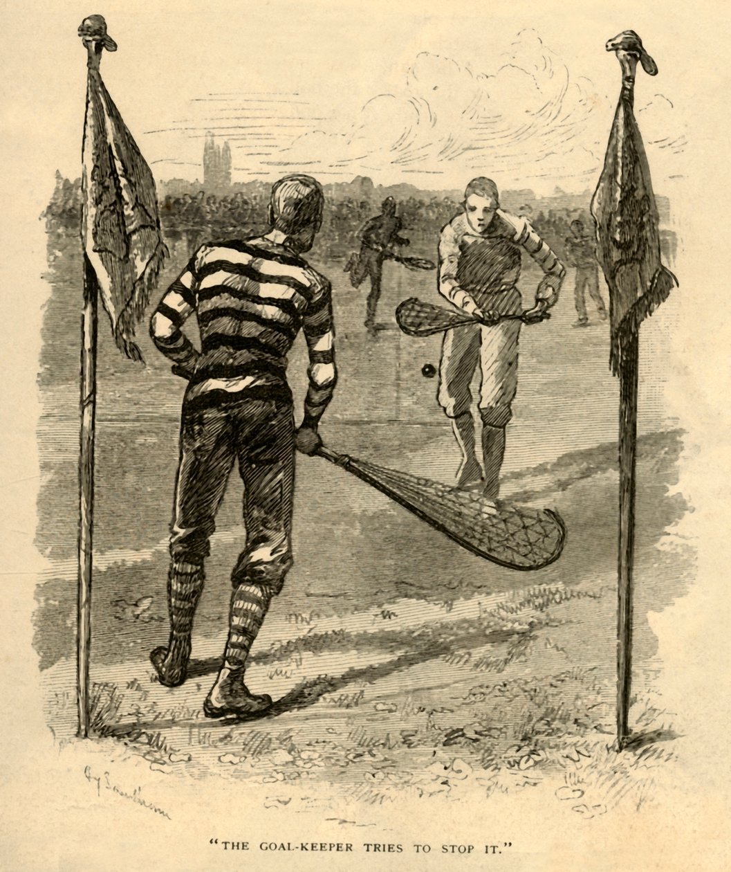 Målvakten försöker stoppa det., 1881. av Unbekannt