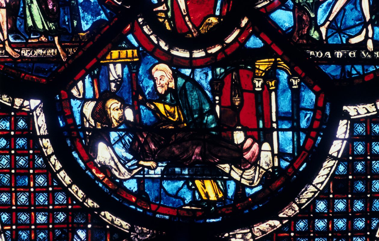 Den barmhärtige samariten tar hand om pilgrimen, målat glas, Chartres katedral, Frankrike, 1205-1215 av Unbekannt
