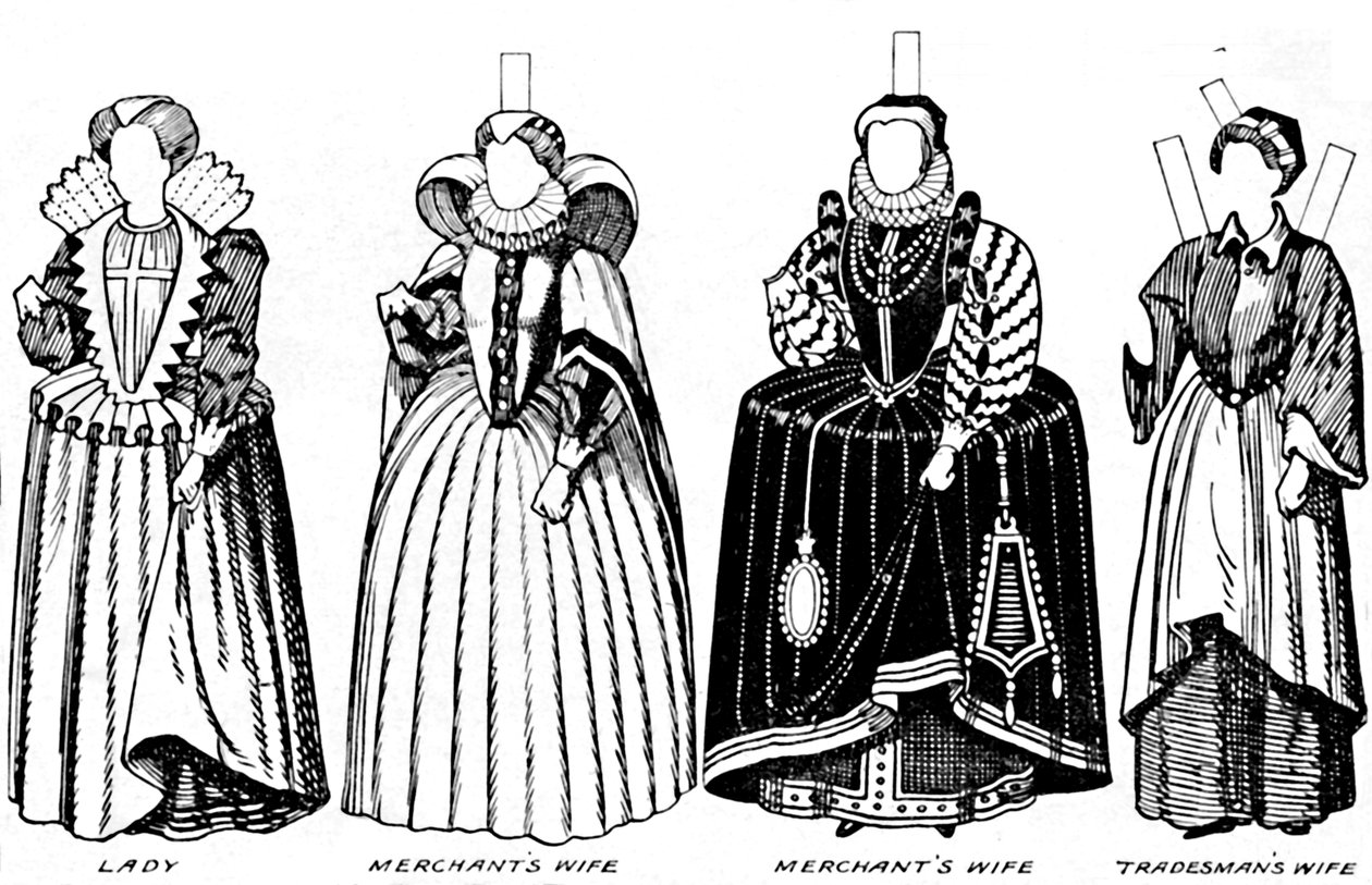 The Great Gallery of Costume: Varierade klänningar som bärs i Elizabeths dagar, c1934 av Unbekannt