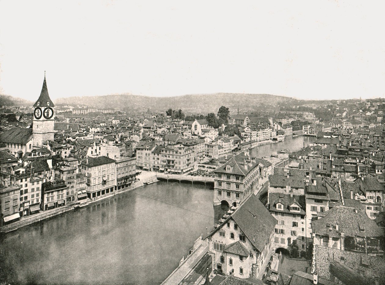 Grosse Stadt och Kleine Stadt delade av floden Limmat, Zürich, Schweiz, 1895. av Unbekannt