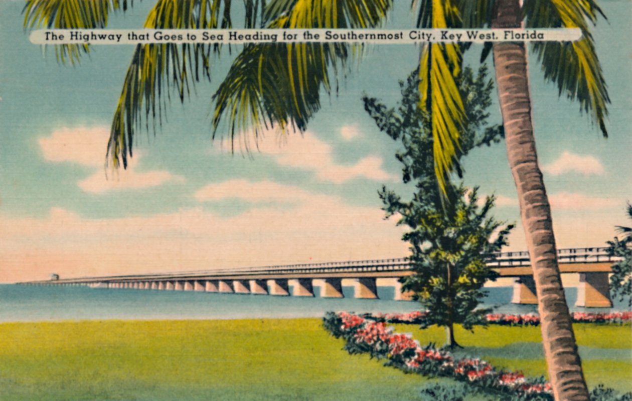 Motorvägen som går till havet på väg mot den sydligaste staden, Key West, Florida, c1940-talet av Unbekannt