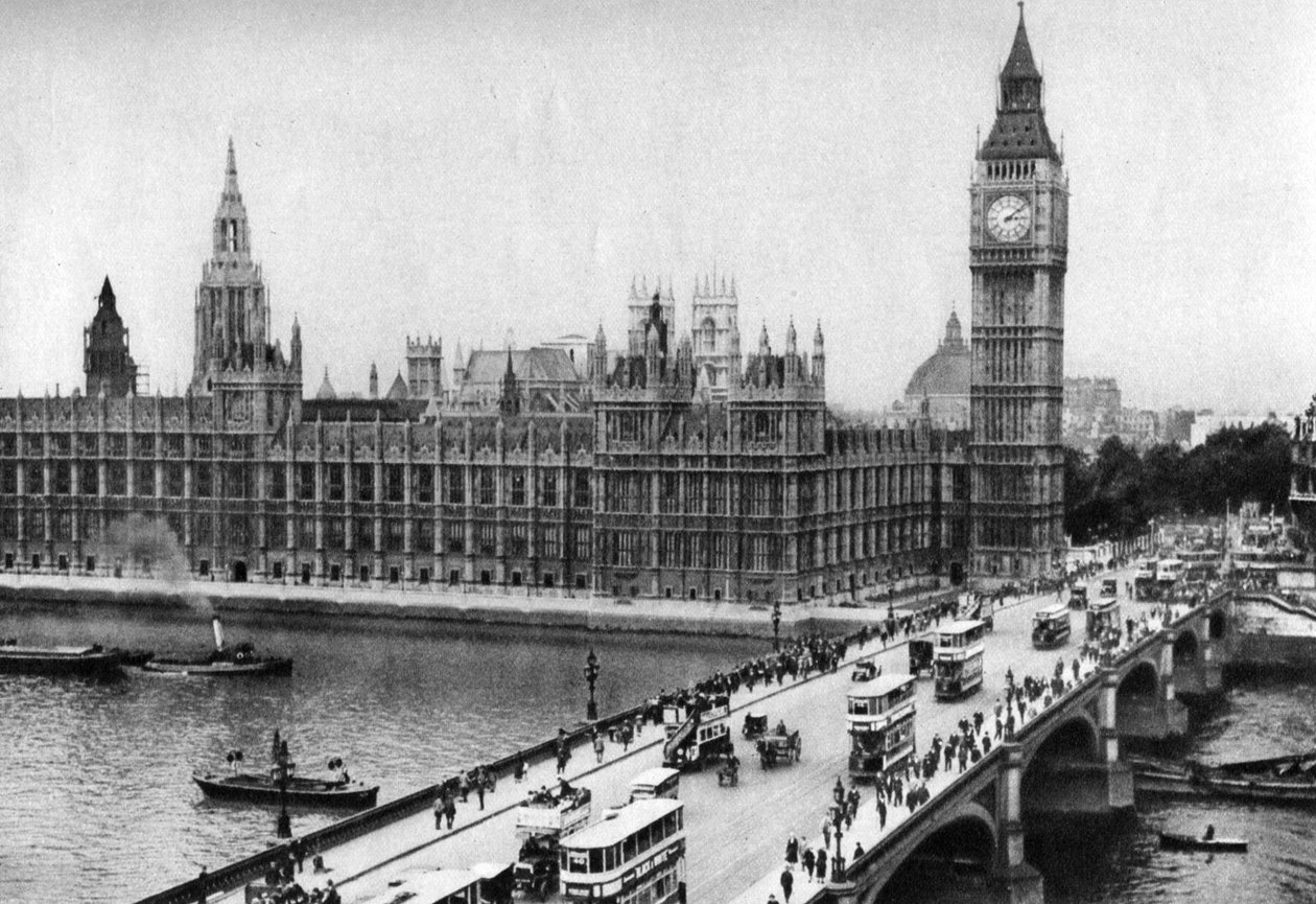 The Houses of Parliament och Westminster Bridge, London, 1926-1927 av Unbekannt