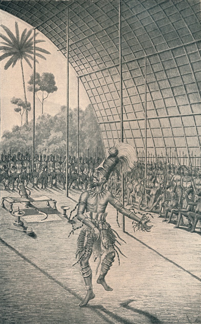 Mangbattu-kungen Munsa dansar före sina fruar och krigare, c1870, 1903 av Unbekannt