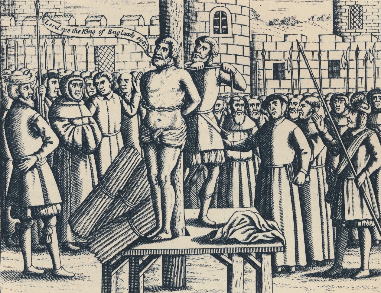 Mästaren William Tindalls martyrskap i Flandern av Vilvorde slott, 1563, 1947 av Unbekannt