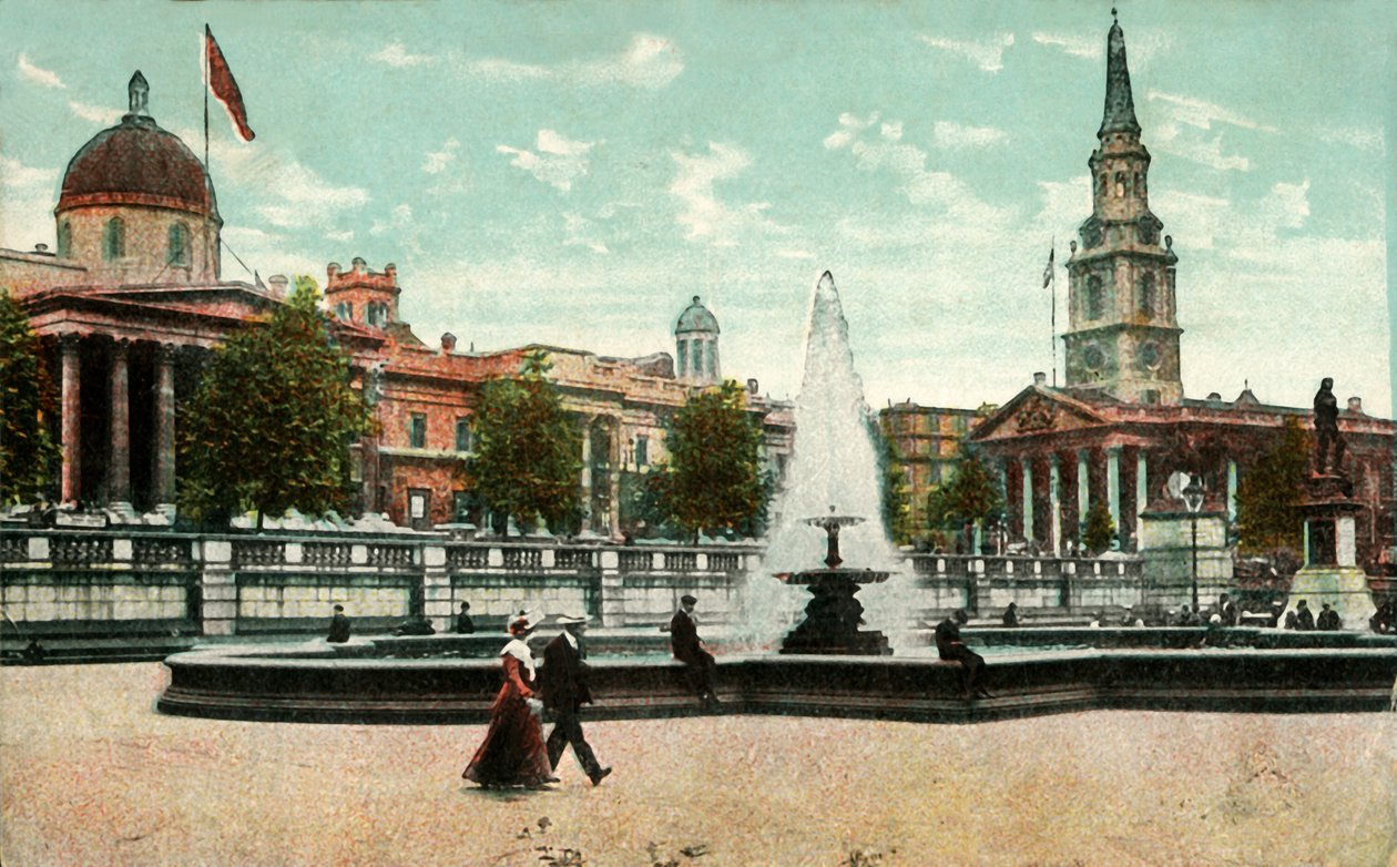 National Gallery, St Martin in the Fields och fontäner på Trafalgar Square, London, c1910. av Unbekannt