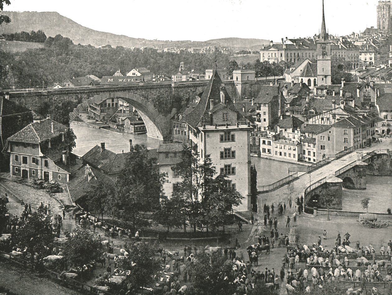 Nydeggbrücke och boskapsmarknaden, Bern, Schweiz, 1895. av Unbekannt