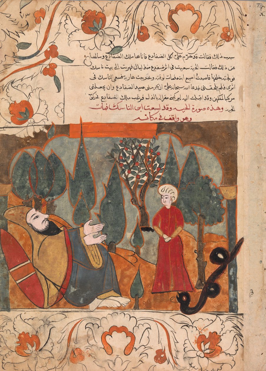 The Old Snake berättar sagan om att bita asketens son av misstag, Folio from a Kalila..., 18:e ce. av Unbekannt