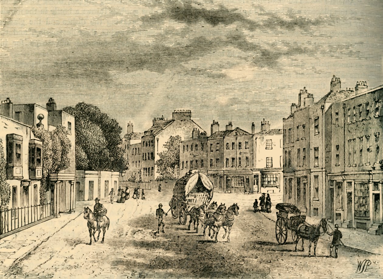 Den gamla byn Vauxhall, med ingången till trädgårdarna, 1825, c1878. av Unbekannt