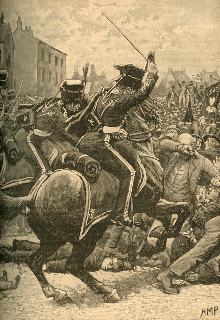 Peterloo-massakern: husarer som anklagar folket, Manchester, 1819 c1890. av Unbekannt