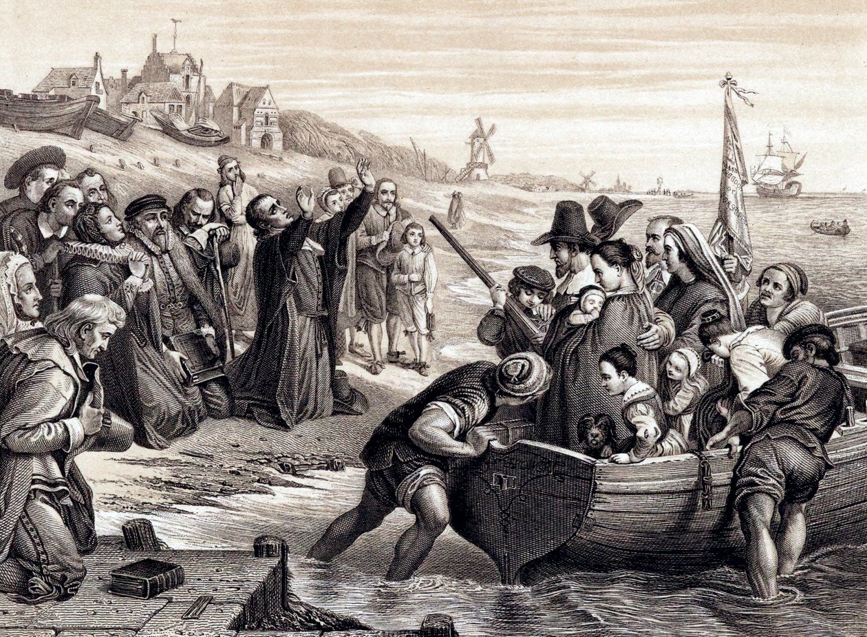 Pilgrimsfäderna lämnar Delft Haven på sin resa till Amerika, juli 1620 1878 av Unbekannt