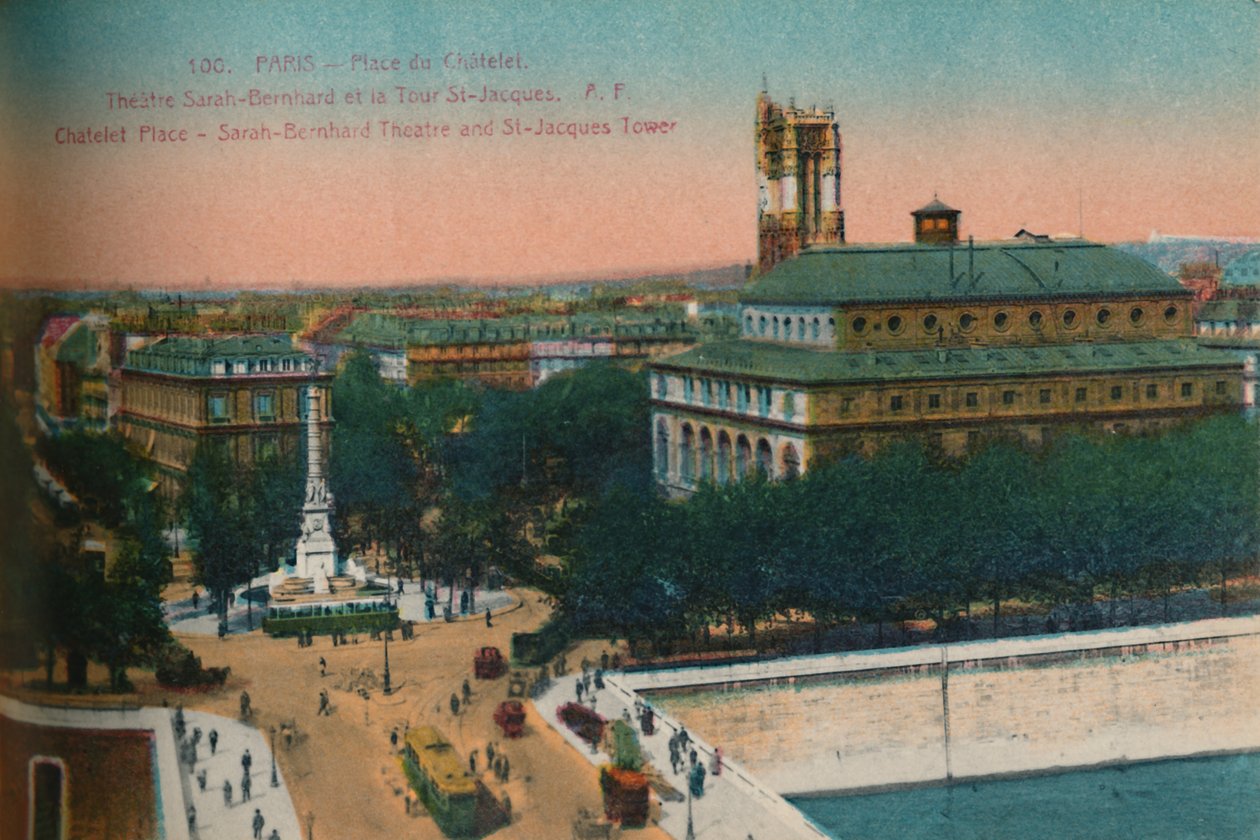 Place du Châtelet - Sarah-Bernhardt Theatre och Tour Saint-Jacques, c1920 av Unbekannt