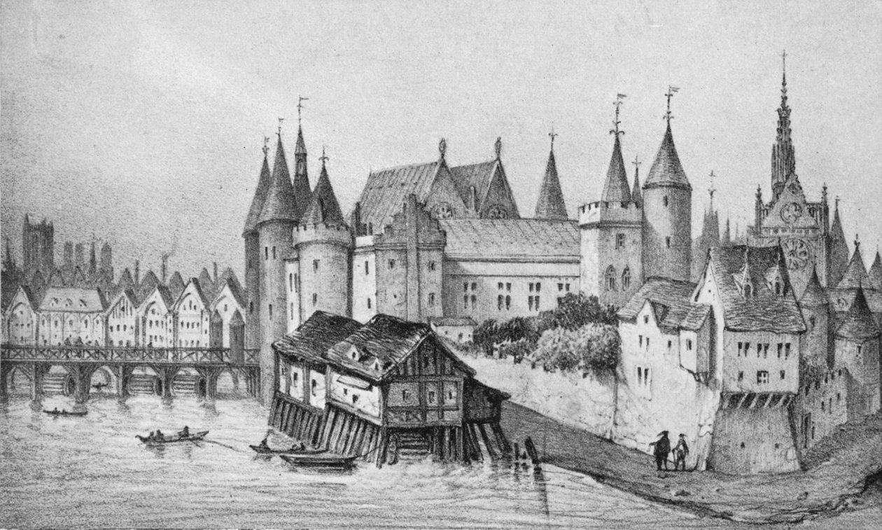 `Pont aux Meuniers och en del av slottet för kungen av staden 1556, 1915 av Unbekannt