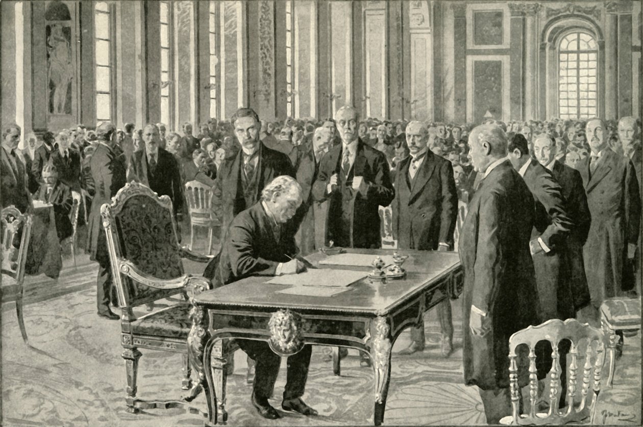 Storbritanniens premiärminister undertecknar fredsfördraget, 1919. av Unbekannt