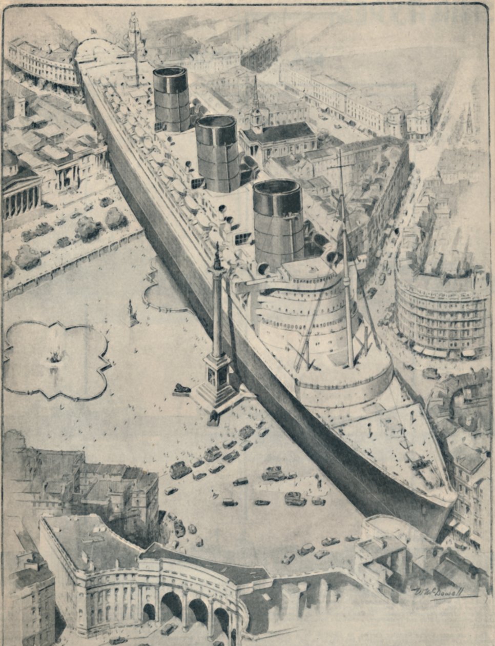 The Queen Mary i förhållande till Trafalgar Square, London, 1936 av Unbekannt
