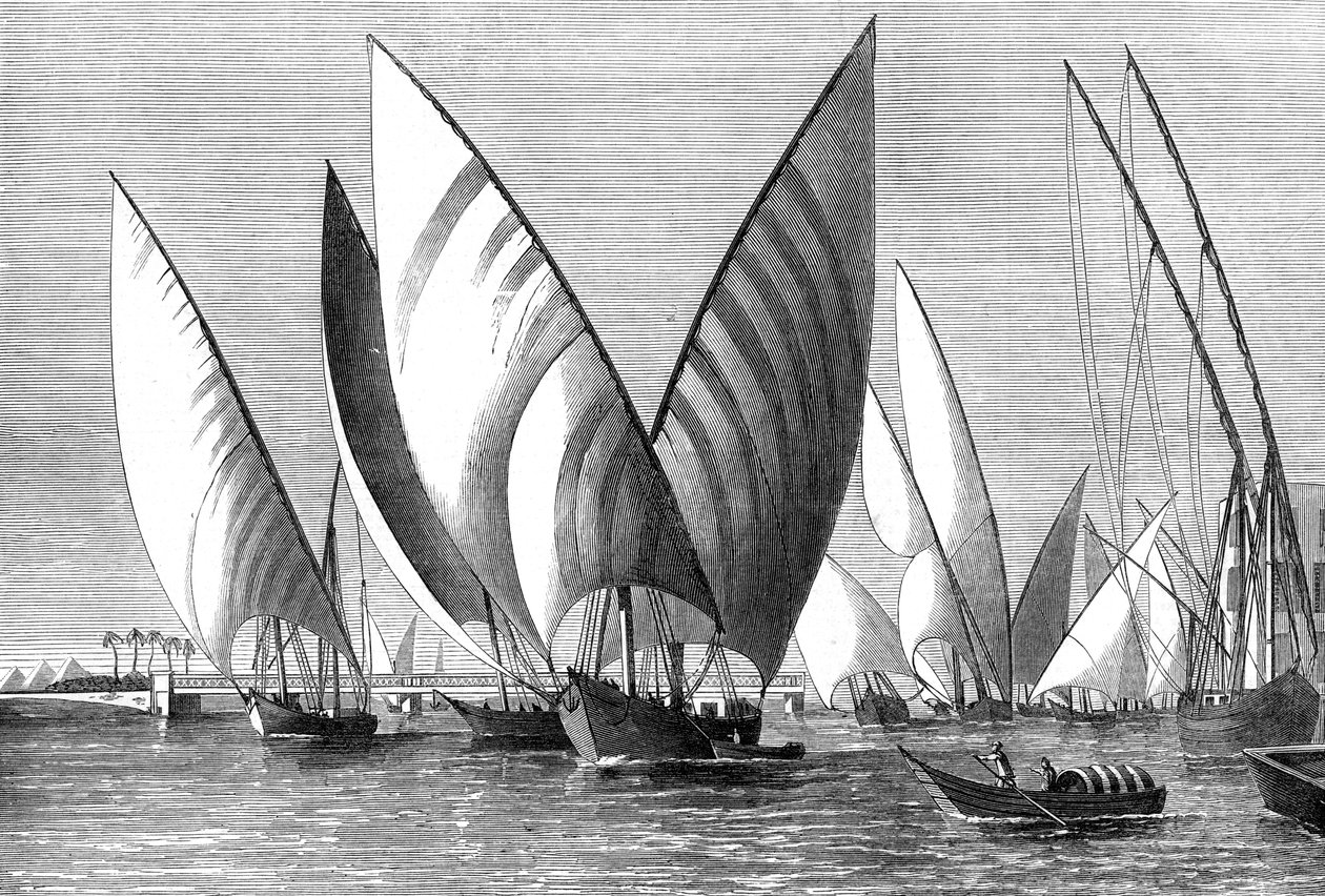 Floden vid Boulak Bridge, Kairo, med dahabeahs som passerar, 1874 av Unbekannt