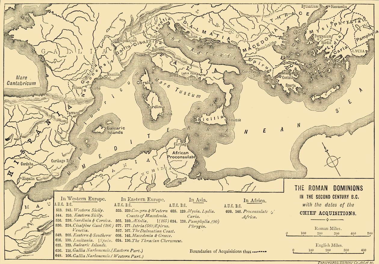 De romerska dominanserna under andra århundradet f.Kr. med datum för chefsförvärven, 1890. av Unbekannt
