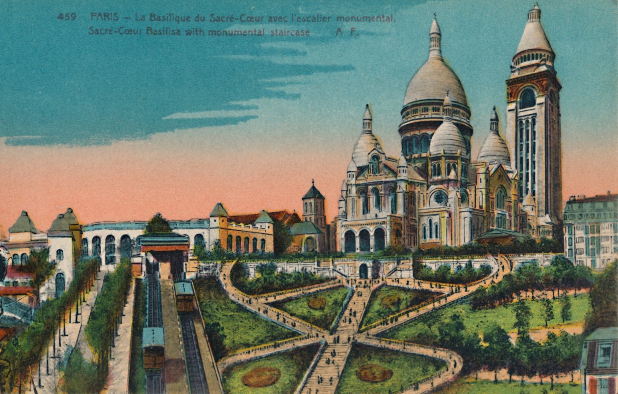Sacre-Coeur-basilikan med monumental trappa, Paris, c1920 av Unbekannt