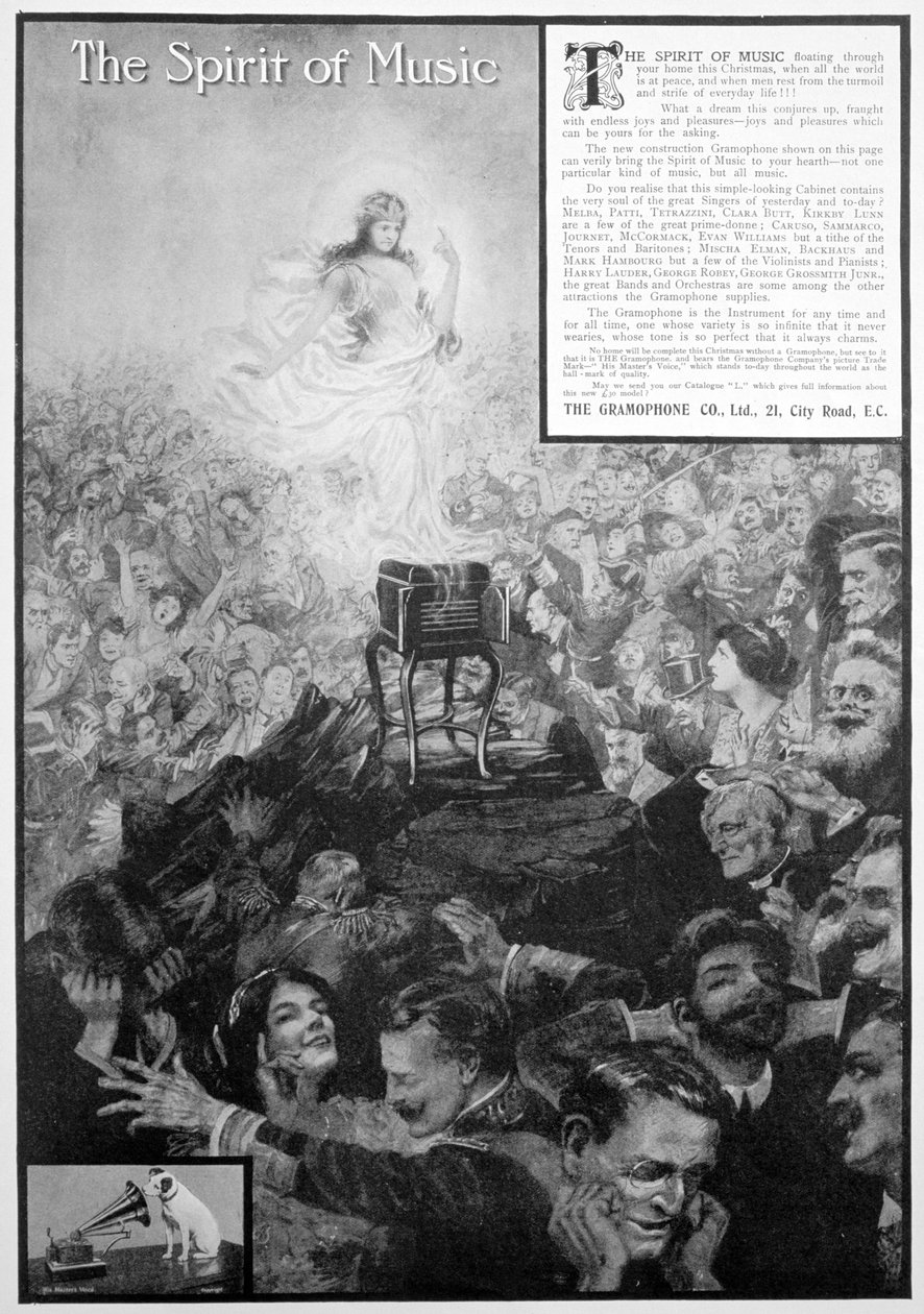 The Spirit of Music, annons för Gramophone Co, 1910 av Unbekannt