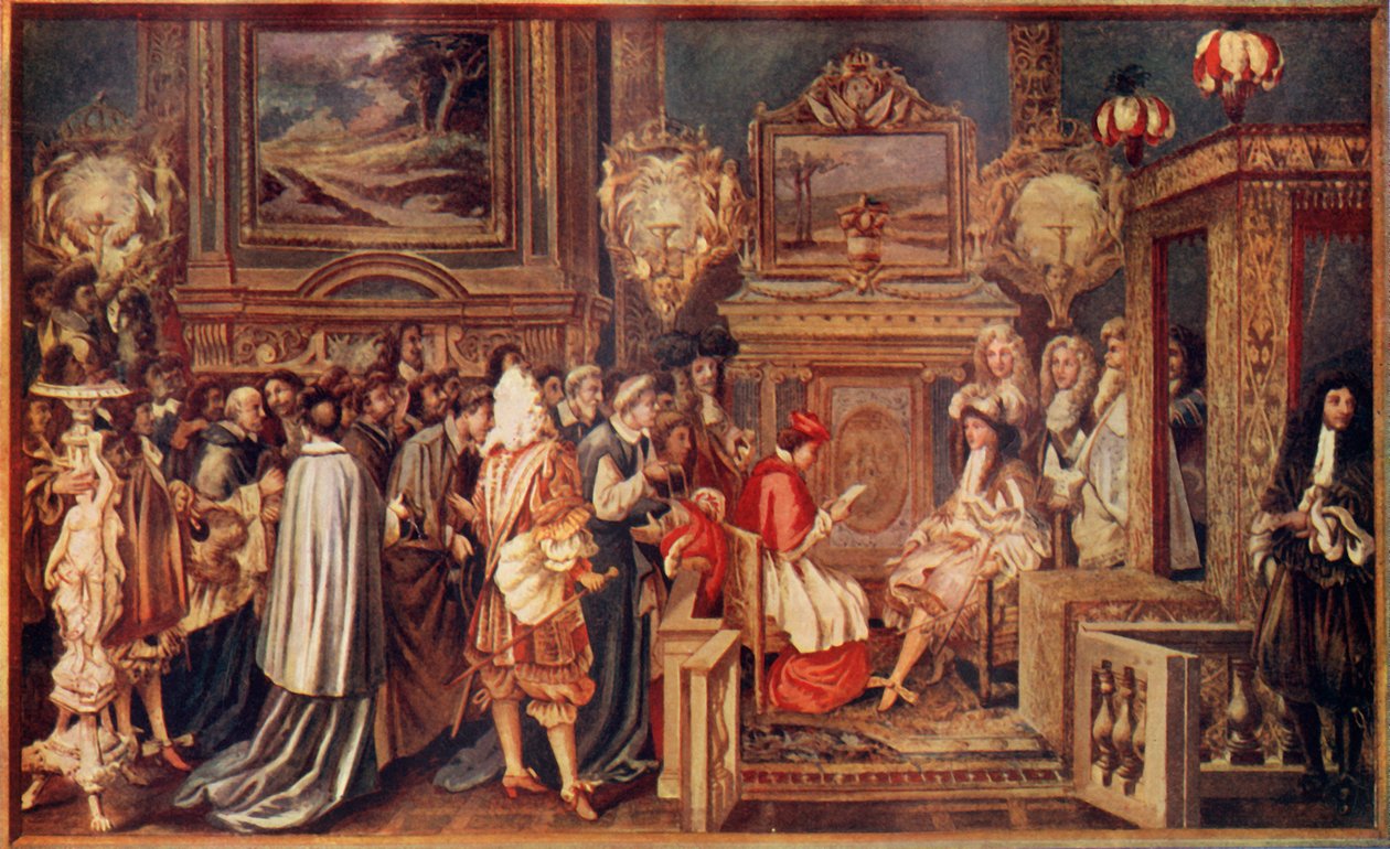 Solkungen Ludvig XIV, av Frankrike, med sin briljanta hov, 1664, c1930. av Unbekannt