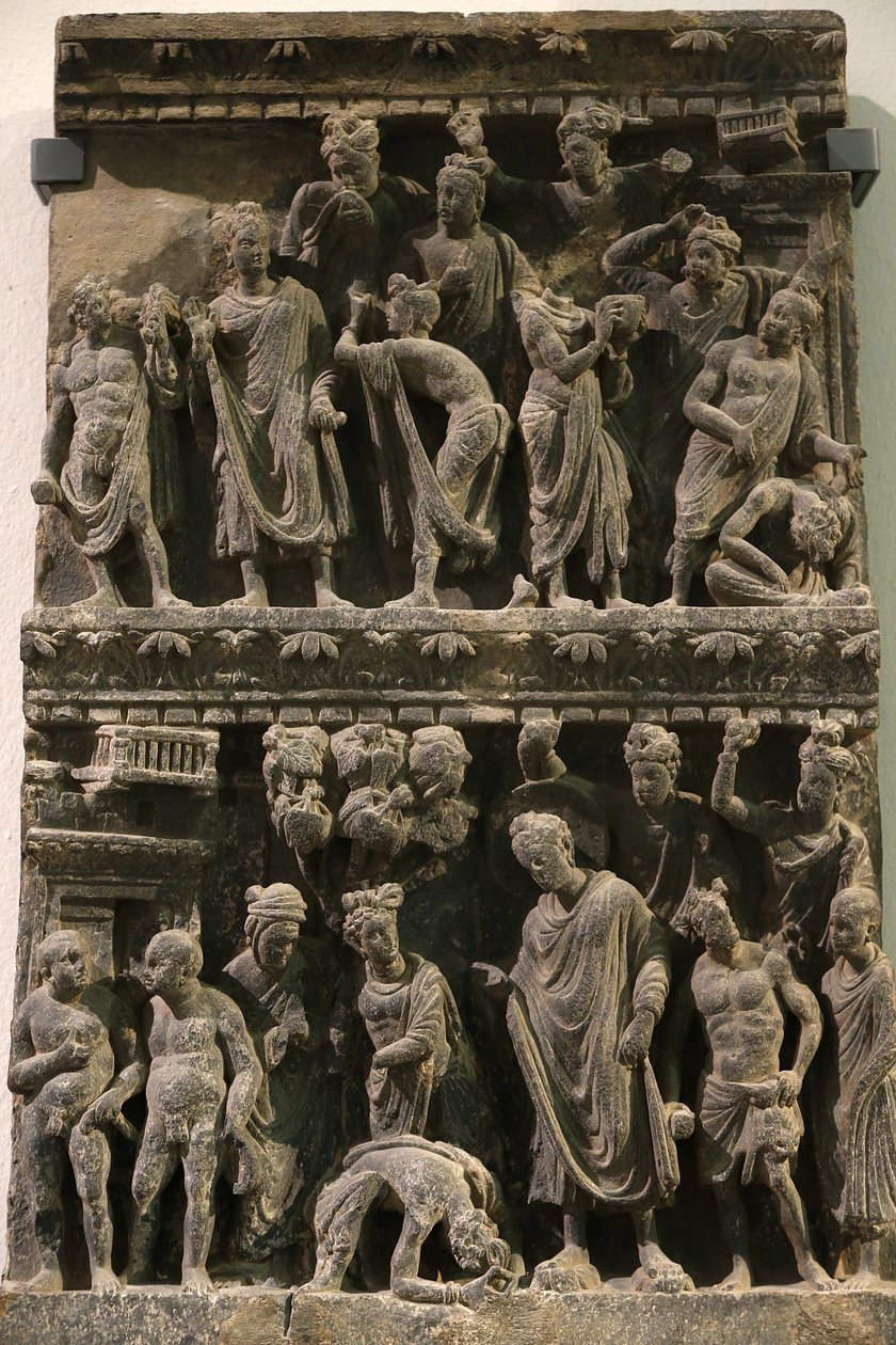 Victoria and Albert Museum. Relief som visar ett försök på Buddhas liv. 100-200. Skiffer. Gandhara/Nordvästra Pakistan. Storbritannien av Unbekannt