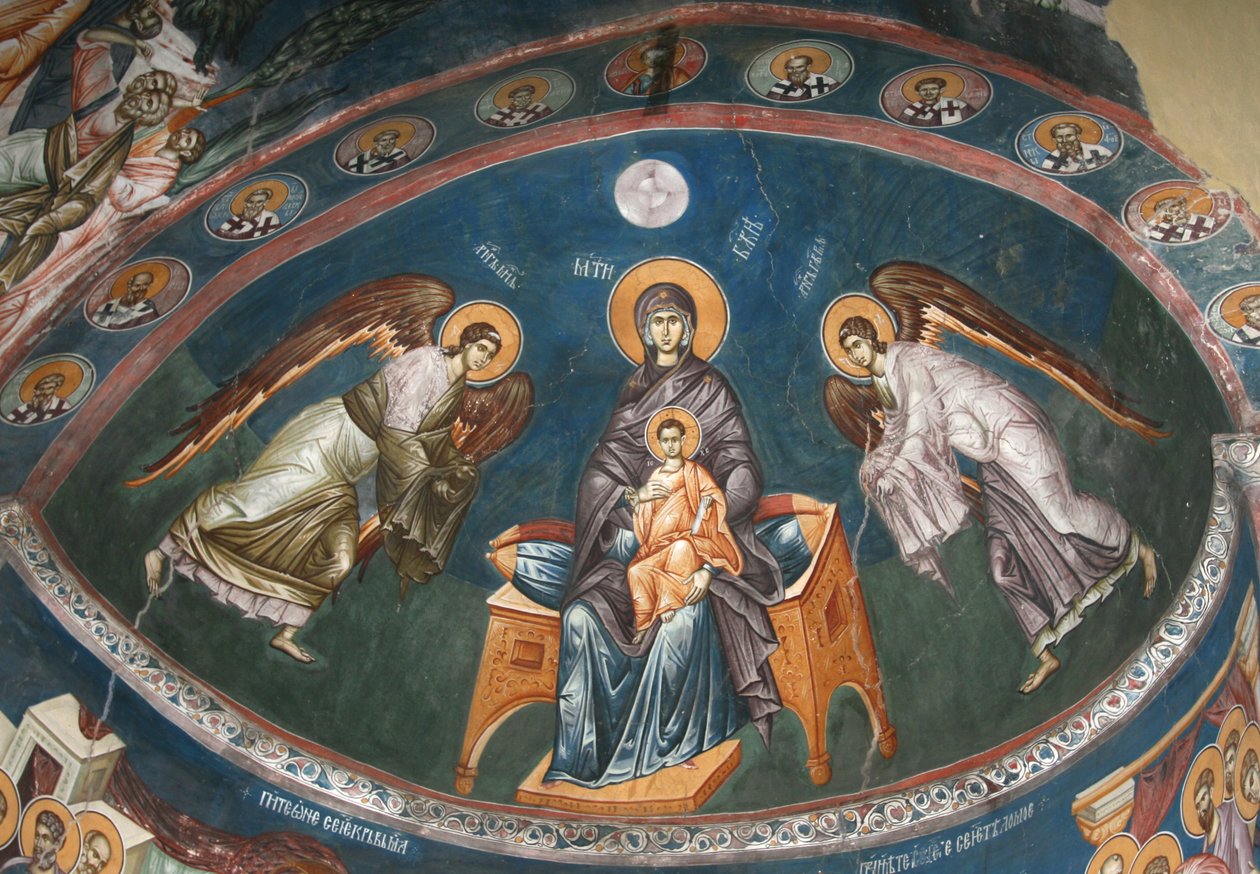 Jungfrun tronade med Kristus Emmanuel med ärkeänglarna Michael och Gabriel, 1300-talet av Unbekannt