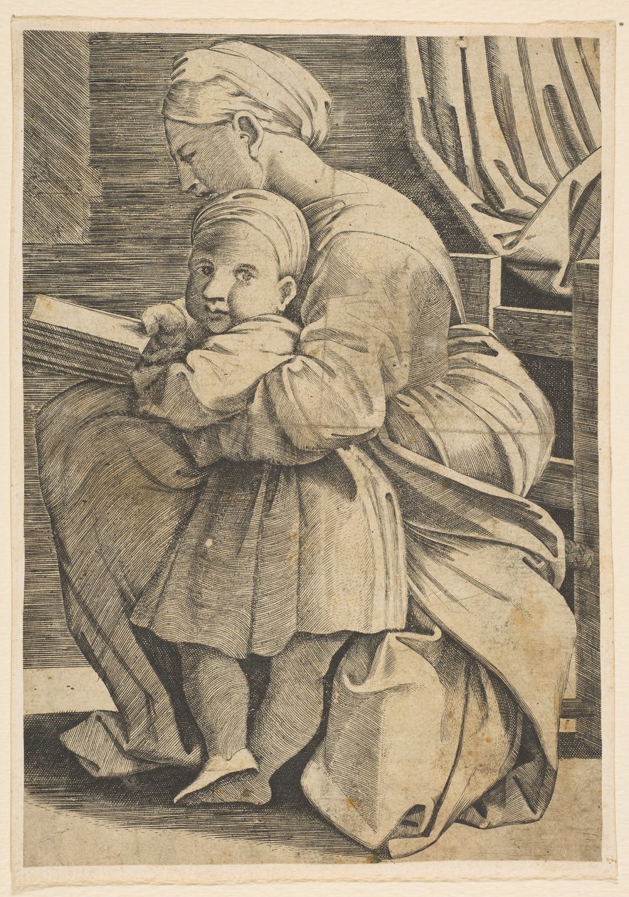 Jungfrun läser med spädbarnet Kristus, kvinna som sitter i profil vänd mot vänster och..., ca. 1515-1600. av Unbekannt