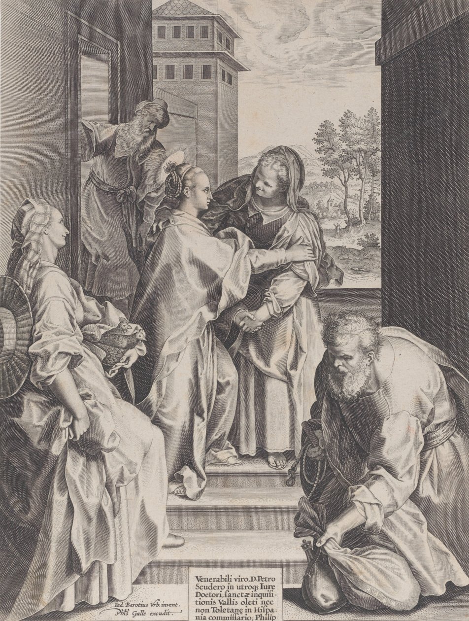 Visitationen, Jungfrun och Saint Elizabeth omfamnar i centrum, flankerad av andra f..., 1589. av Unbekannt