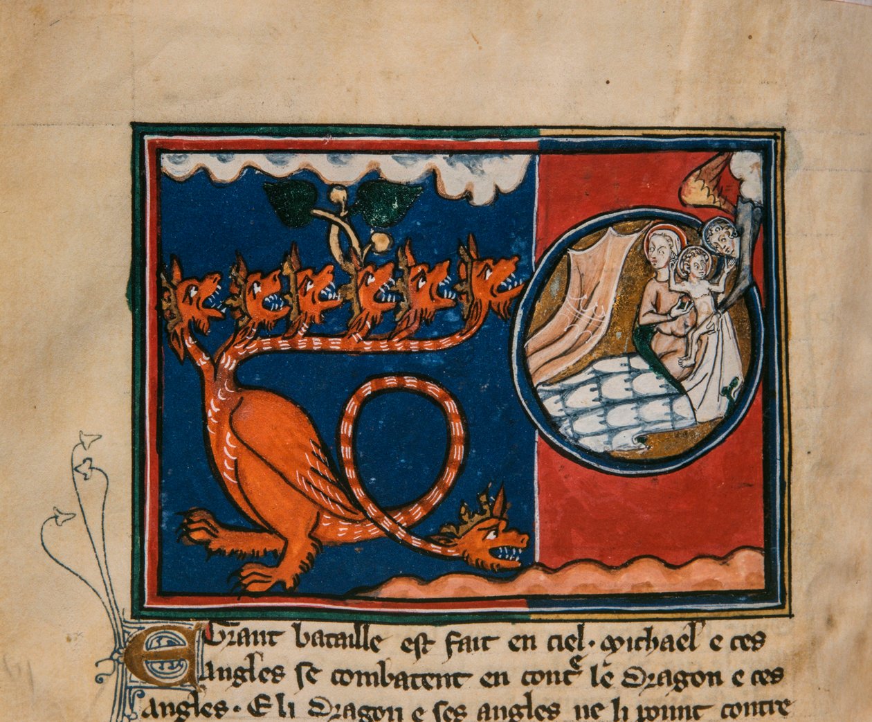 Kvinnan och draken. Miniatyr från: Apocalypse de saint Jean, ca 1320. av Unbekannt