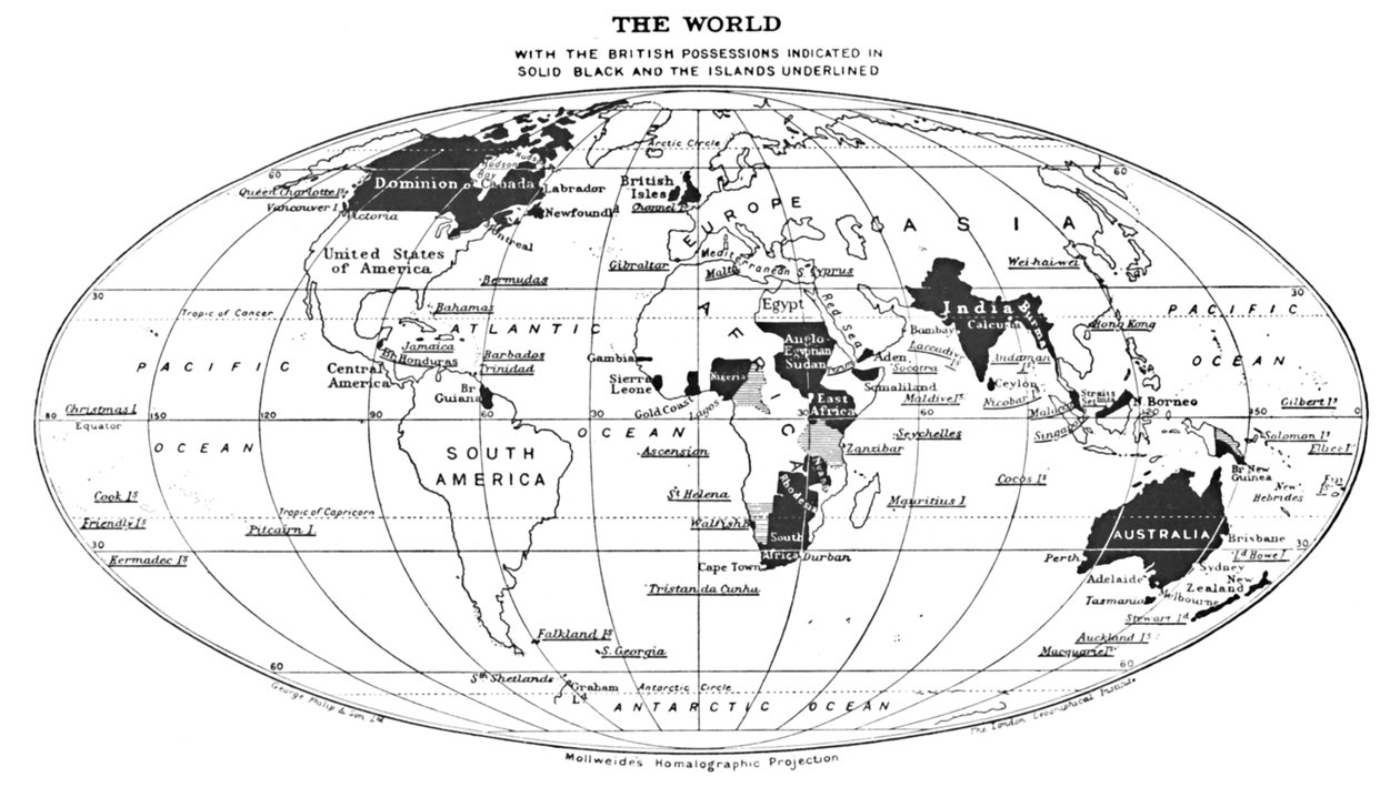 Världen med de brittiska ägodelarna indikerade i enfärgat svart och öarna understrukna, 1924 av Unbekannt