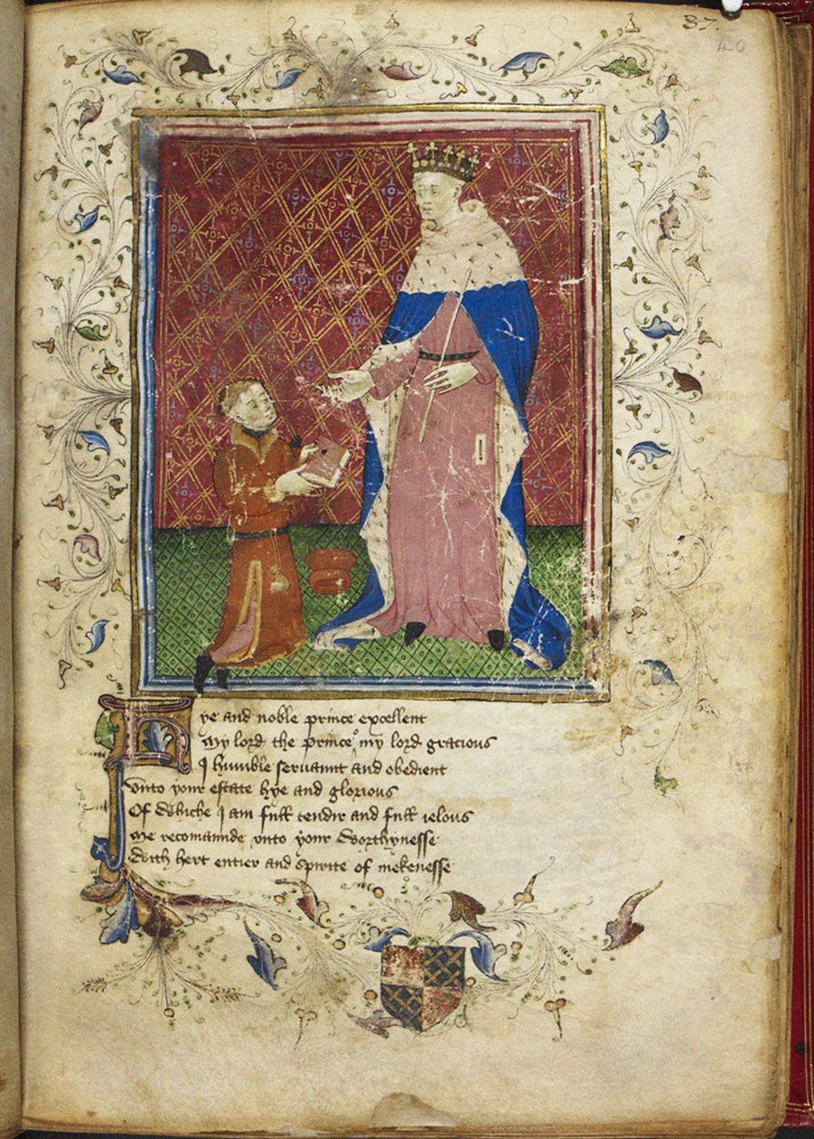 Författaren presenterar sin bok för Henry V från Thomas Hoccleves Regiment of Princes, 1400-talet av Unbekannt