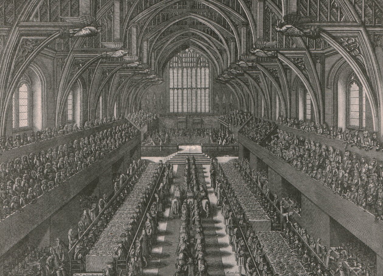 Banketten i den stora salen på Palace of Westminster ... kröning av James II 1685, 1902. av Unbekannt