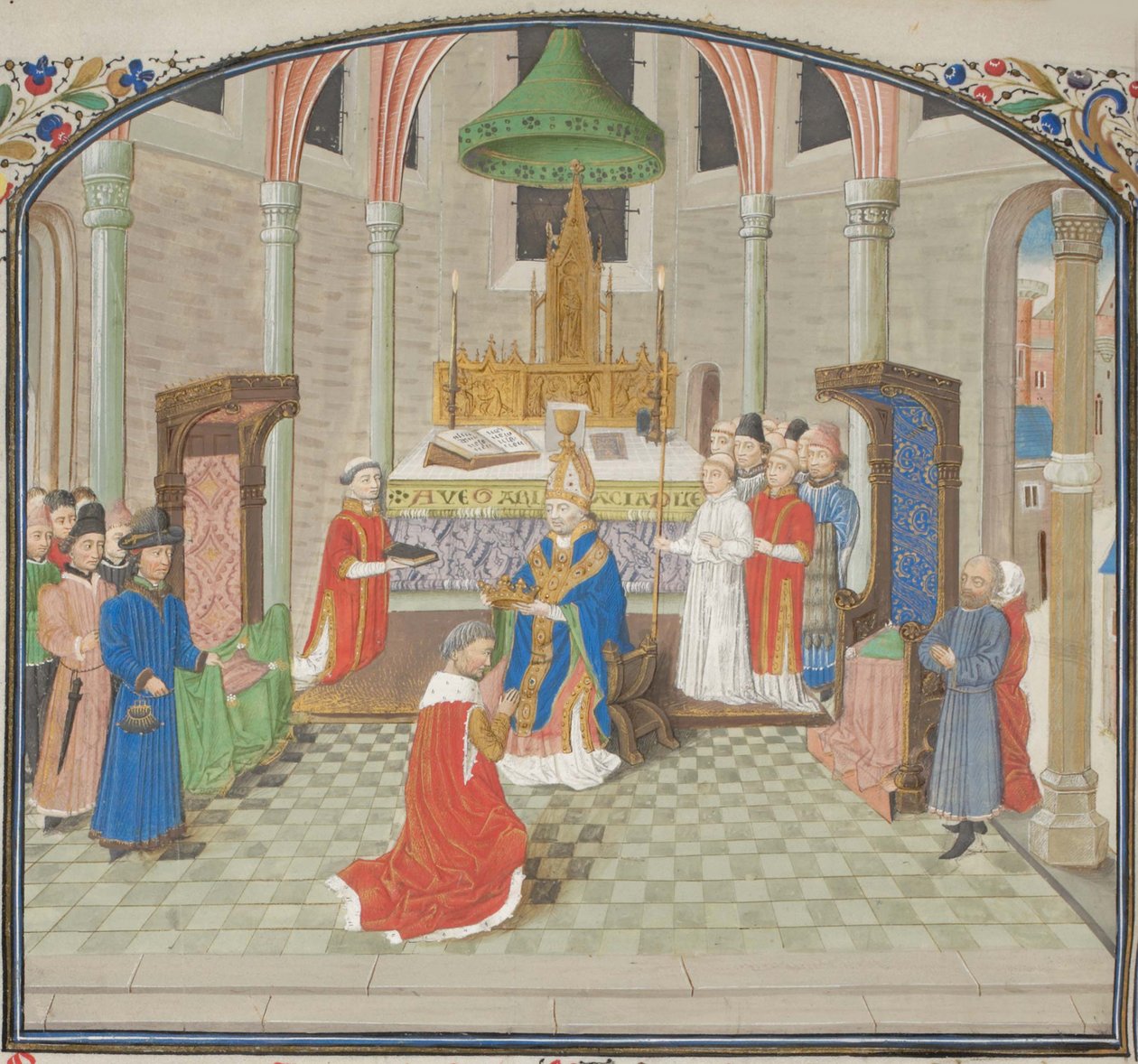 Baldwin I:s kröning på juldagen 1100. Miniatyr från Historia av Vilhelm av Tyrus, 1460-talet av Unbekannt