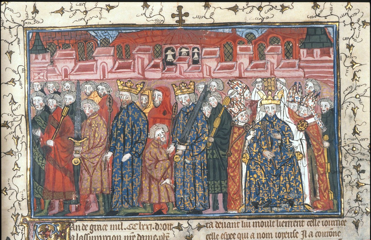 Kröningen av Philippe II Auguste i närvaro av Henrik II av England Från Chroniques de France ou de St Denis, efter 1380 av Unbekannt
