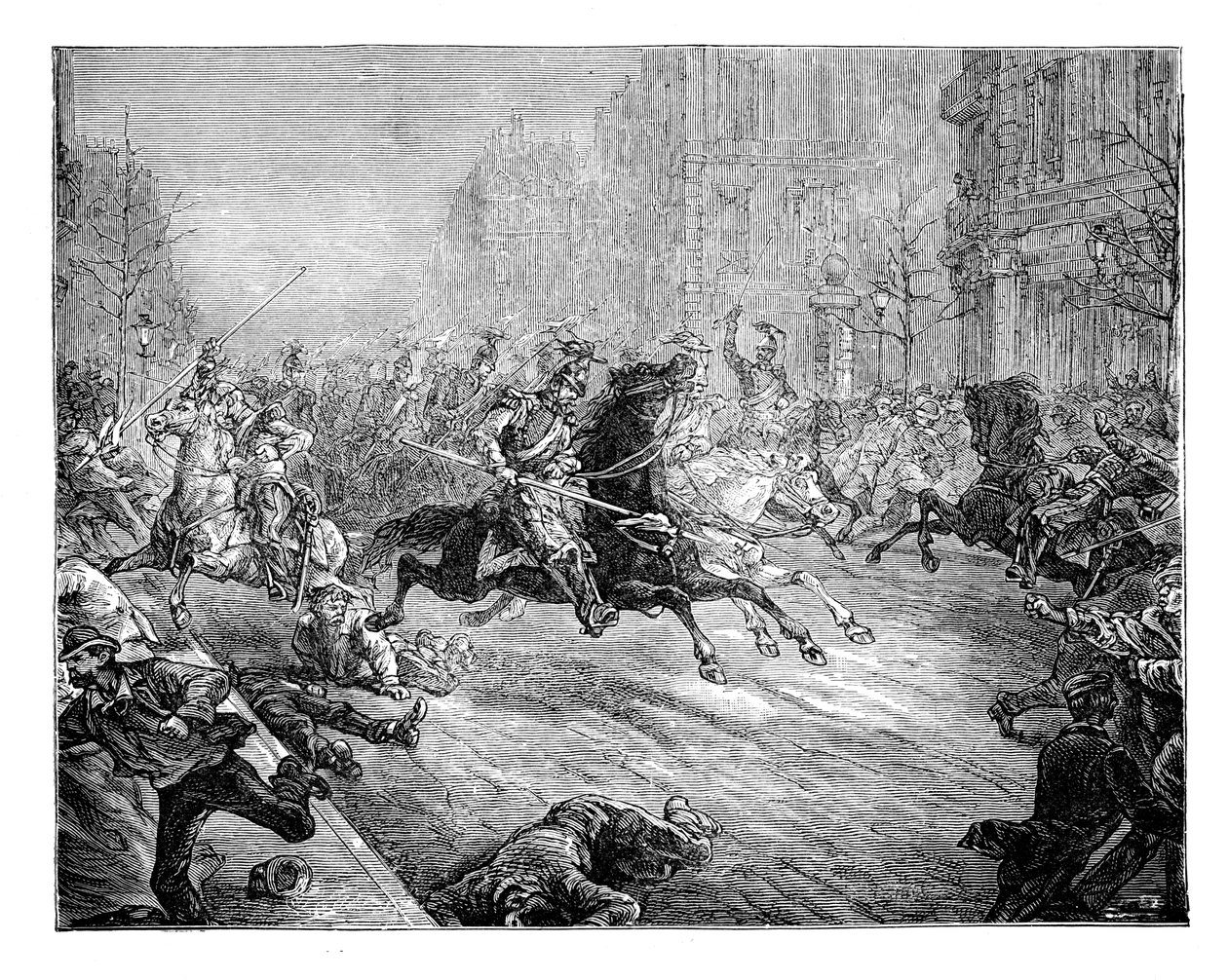 Kuppdetat, lansörer laddar folkmassan i boulevarderna i Paris, 1800-talet av Unbekannt