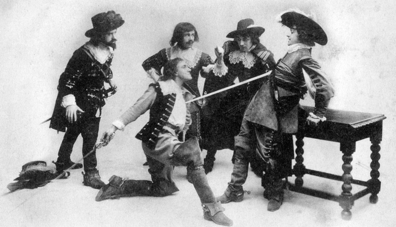 Duellen, scen från akt I av The Breed of the Treshams av John Rutherford, 1900-talet av Unbekannt