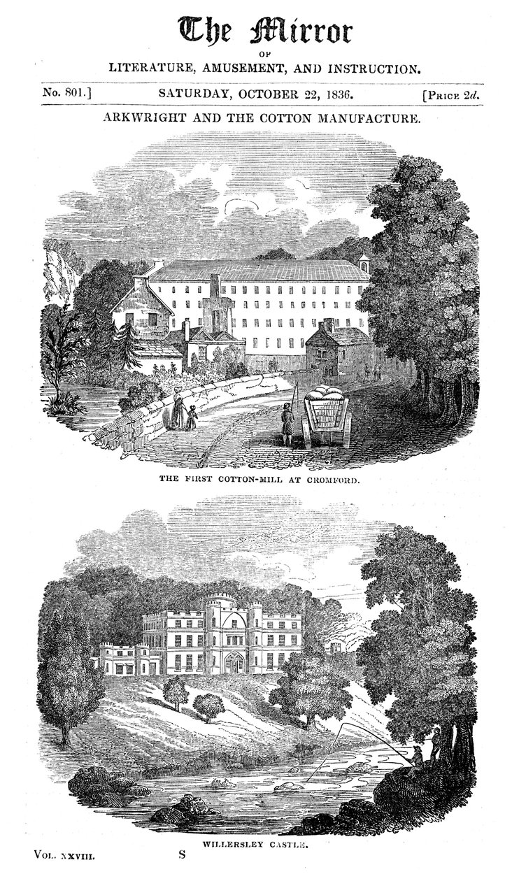 Det första bomullsbruket i Cromford, Derbyshire och Richard Arkwrights hus, 1836 av Unbekannt