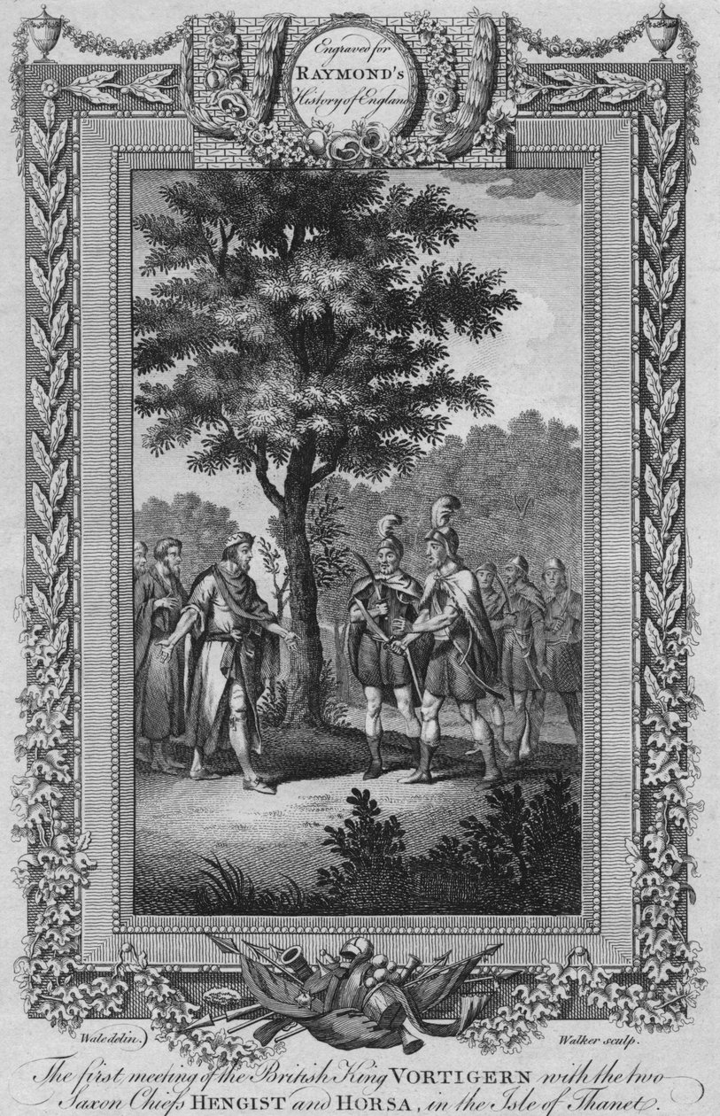 Den brittiske kungen Vortigerns första möte med de två sachsiska hövdingarna Hengist och Horsa, c1787 av Unbekannt
