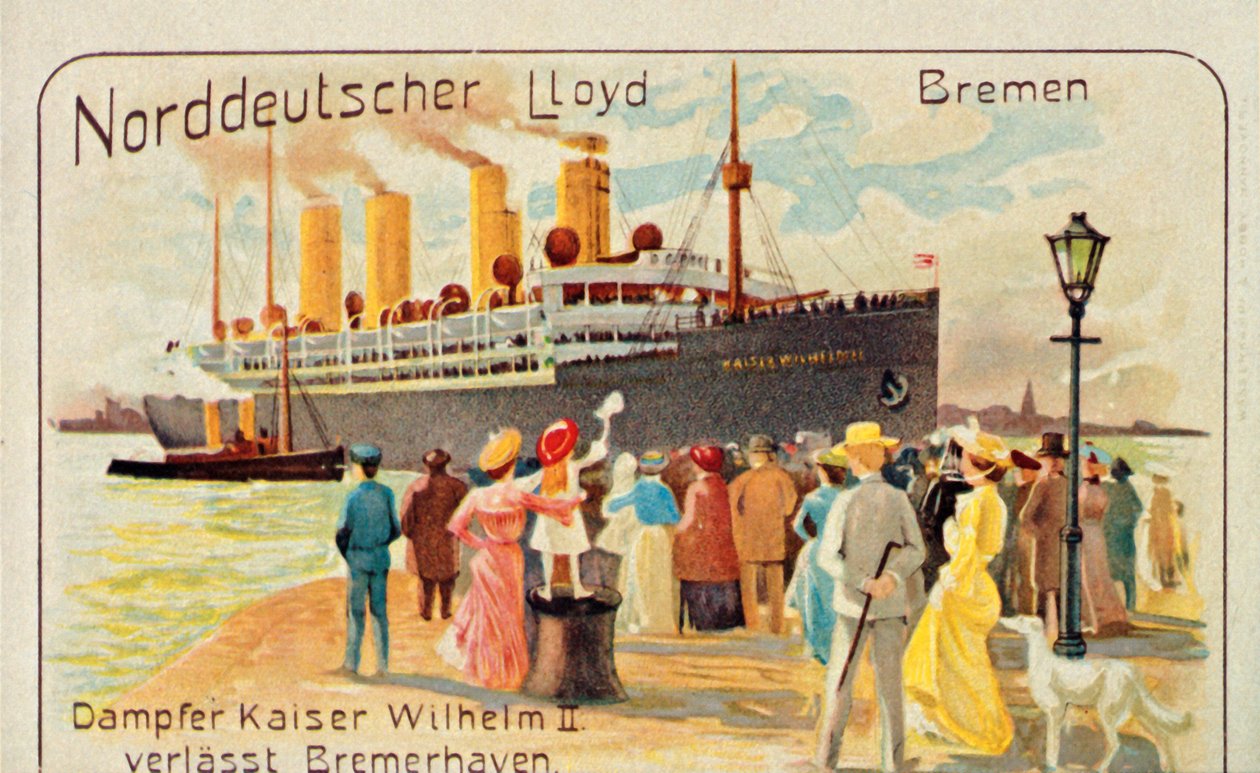 Jätten SS Kaiser Wilhelm II drar iväg från kajen vid Bremerhaven, Tyskland, 1905. av Unbekannt