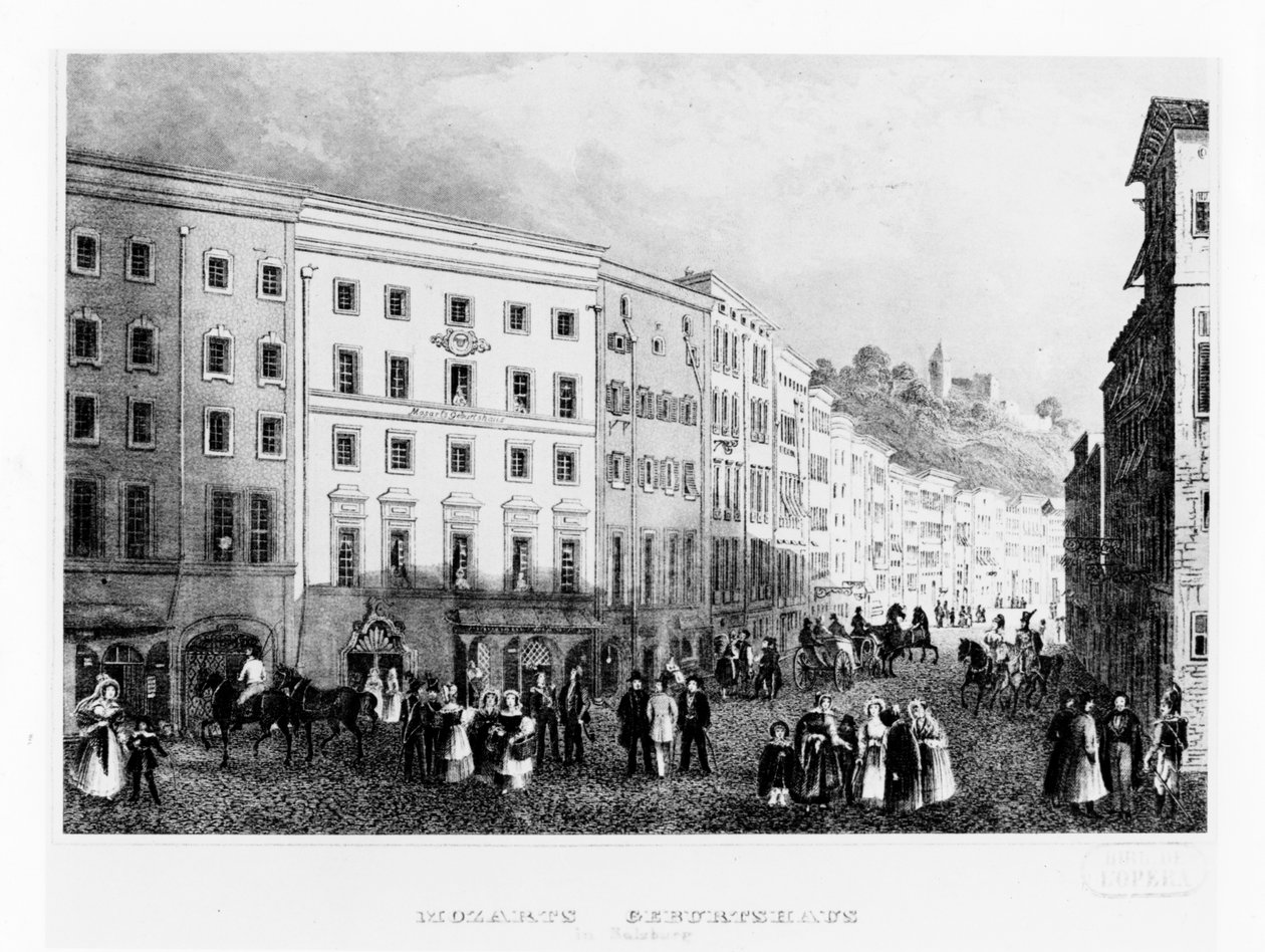 Huset i Salzburg där Mozart föddes 1791, mitten av 1800-talet av Unbekannt