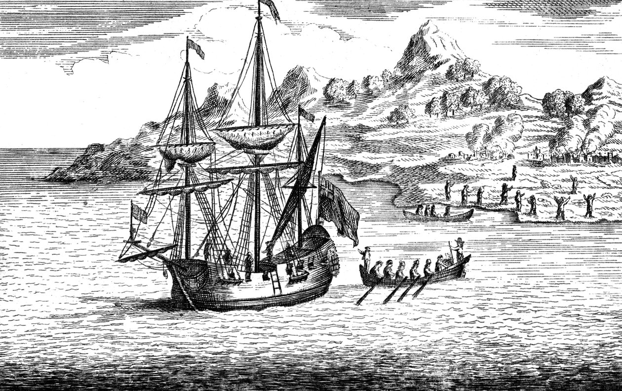 Massakern och bränningen av två byar på Madagaskar, c1500-talet av Unbekannt